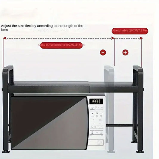 LANTUTU Expandable Microwave Oven Rack – 2-Tier Stainless Steel Countertop Organizer with 6 Hooks for Kitchen Storage – Perfect Mother’s Day Gift