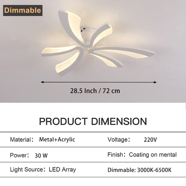 LED Dimmable Petal Ceiling Light – Modern Flush Mount Lamp with Remote Control, White Acrylic and Metal Fixture for Living Room, Bedroom, Dining Room & Kids' Room
