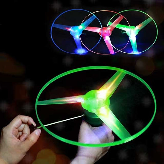 LED Glow UFO Pull Wire Spinning Toy – Luminous Flying Disc with Handle for Kids Outdoor Fun, Gifts & Parent-Child Games