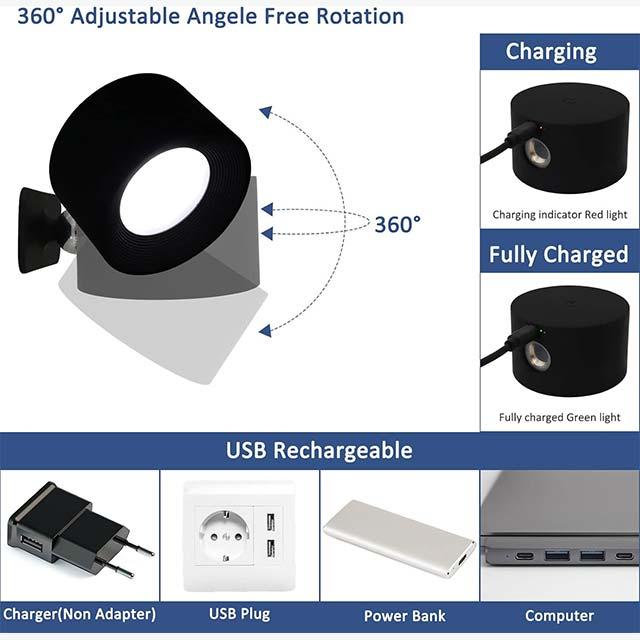 LED Rechargeable Wall Light – USB Powered, 3 Color Modes & Brightness Levels, 360° Rotation, Touch Control for Bedroom, Stairs & Living Room (Black, 1 Pack)