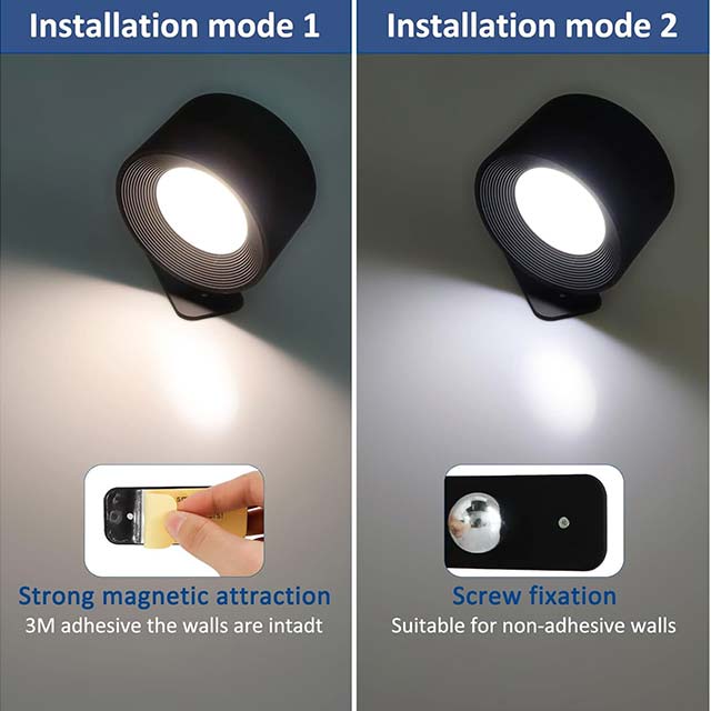 LED Rechargeable Wall Light – USB Powered, 3 Color Modes & Brightness Levels, 360° Rotation, Touch Control for Bedroom, Stairs & Living Room (Black, 1 Pack)