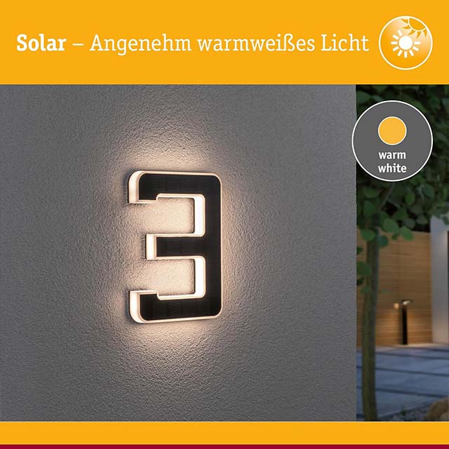 LED Solar House Number 3 – IP44 Waterproof Warm White Outdoor Solar Lamp (0.2W, Battery Changeable, 3000K, Black Plastic)