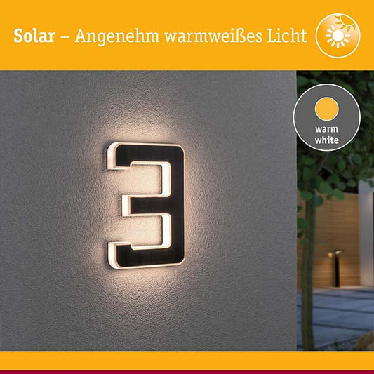 LED Solar House Number 3 – IP44 Waterproof Warm White Outdoor Solar Lamp (0.2W, Battery Changeable, 3000K, Black Plastic)