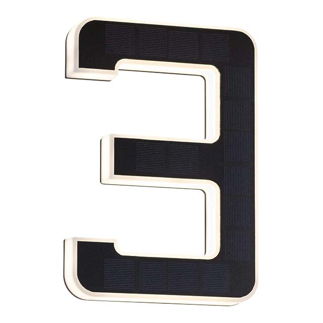 LED Solar House Number 3 – IP44 Waterproof Warm White Outdoor Solar Lamp (0.2W, Battery Changeable, 3000K, Black Plastic)