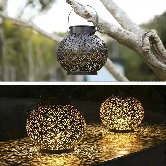 LED Solar Lantern Light – Hollow Wrought Iron Hanging Lamp for Outdoor Garden & Yard Decoration