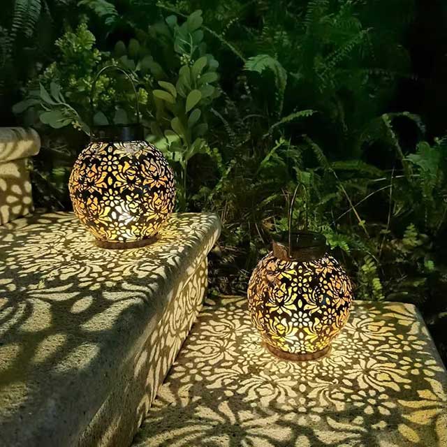 LED Solar Lantern Light – Hollow Wrought Iron Hanging Lamp for Outdoor Garden & Yard Decoration