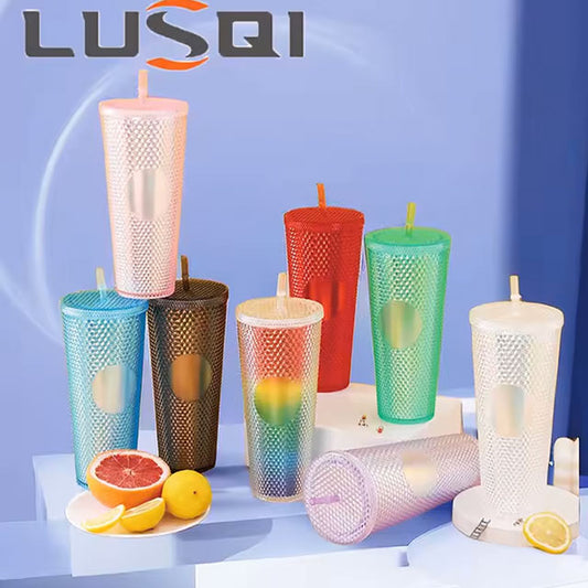LUSQI 710ml Studded Texture Plastic Water Cup – Portable Leakproof Tumbler with Lid & Straw for Outdoor Travel, Large Capacity Drink Bottle