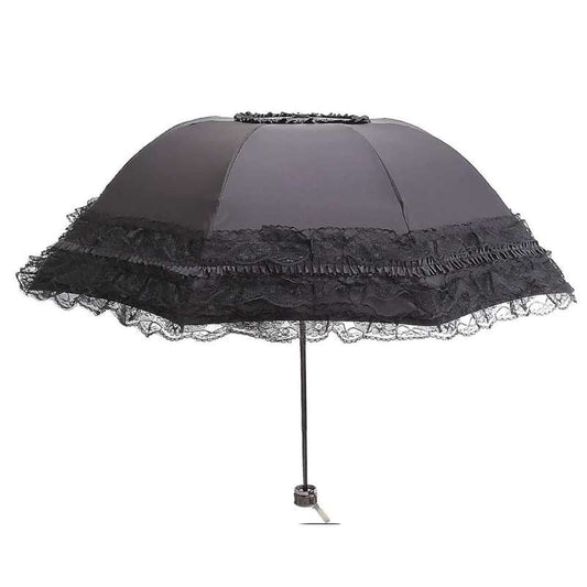 Ladies Elegant Lace Folding Umbrella – Vintage Floral Embroidery Sun Umbrella – Small & Portable UV-Protection Parasol – Lightweight Compact Travel Umbrella for Girls & Women (Pink / Black / Fruity Green)