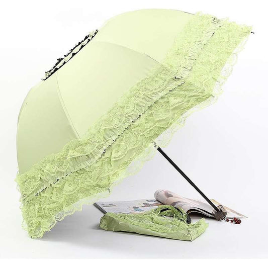 Ladies Elegant Lace Folding Umbrella – Vintage Floral Embroidery Sun Umbrella – Small & Portable UV-Protection Parasol – Lightweight Compact Travel Umbrella for Girls & Women (Pink / Black / Fruity Green)