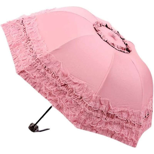 Ladies Elegant Lace Folding Umbrella – Vintage Floral Embroidery Sun Umbrella – Small & Portable UV-Protection Parasol – Lightweight Compact Travel Umbrella for Girls & Women (Pink / Black / Fruity Green)