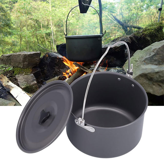 Large Capacity Aluminum Alloy Hanging Cook Pot – Portable Picnic, Camping &amp; Bonfire Cooking Pot with Lid Storage Bag