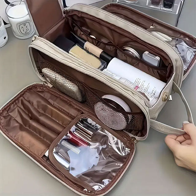 Large Capacity Waterproof Cosmetic Bag for Women – Portable PU Leather Makeup Organizer with Brush Holder, Multi-Compartment Toiletry Storage, Durable & Stylish Design, Pink with Gold Zippers
