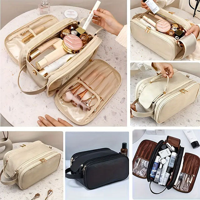 Large Capacity Waterproof Cosmetic Bag for Women – Portable PU Leather Makeup Organizer with Brush Holder, Multi-Compartment Toiletry Storage, Durable & Stylish Design, Pink with Gold Zippers