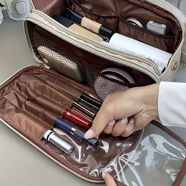 Large Capacity Waterproof Cosmetic Bag for Women – Portable PU Leather Makeup Organizer with Brush Holder, Multi-Compartment Toiletry Storage, Durable & Stylish Design, Pink with Gold Zippers