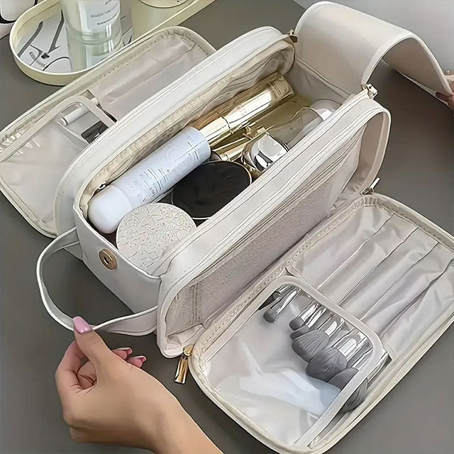 Large Capacity Waterproof Cosmetic Bag for Women – Portable PU Leather Makeup Organizer with Brush Holder, Multi-Compartment Toiletry Storage, Durable & Stylish Design, Pink with Gold Zippers