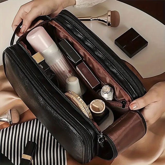 Large Capacity Waterproof Cosmetic Bag for Women – Portable PU Leather Makeup Organizer with Brush Holder, Multi-Compartment Toiletry Storage, Durable & Stylish Design, Pink with Gold Zippers