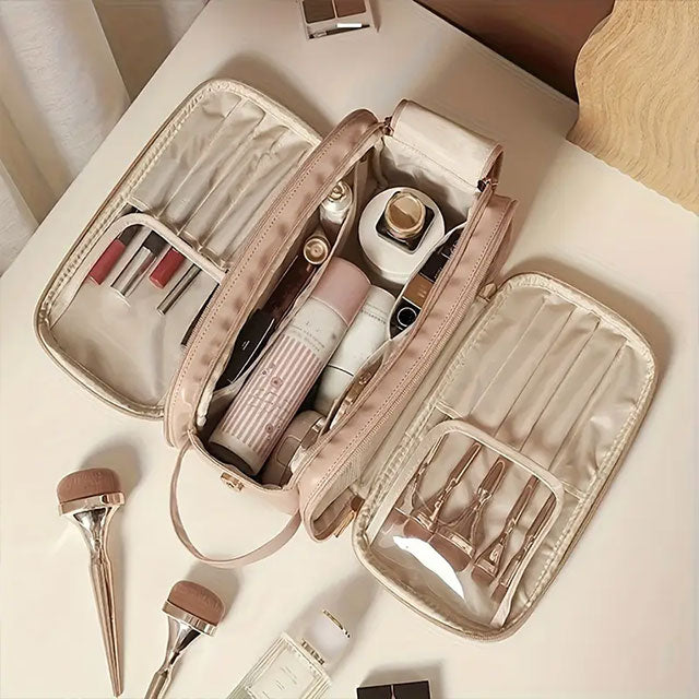 Large Capacity Waterproof Cosmetic Bag for Women – Portable PU Leather Makeup Organizer with Brush Holder, Multi-Compartment Toiletry Storage, Durable & Stylish Design, Pink with Gold Zippers