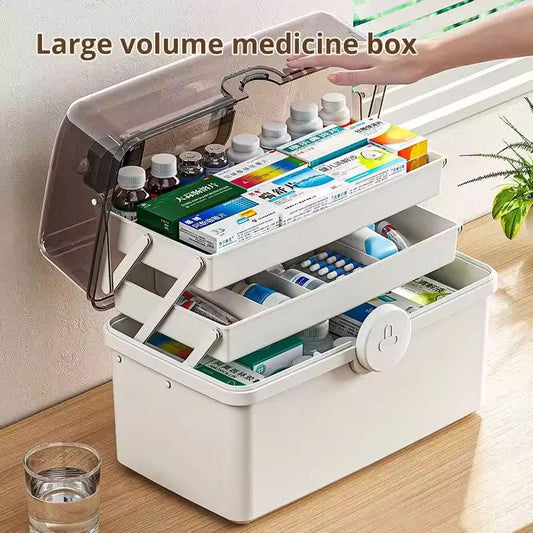 Large Capacity Family Medicine Box – 3-Tier Multi-Layer Emergency First Aid Kit Organizer – Portable White Medical Storage Box with Handle & Safety Buckle – Heavy-Duty PP Case for Home & Travel (Large Size)