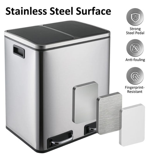 Large Dual Compartment Kitchen Trash Can – Stainless Steel Pedal Recycling Bin – 60L/15.8 Gallon Capacity Garbage Can with Soft-Close Lid and Removable Inner Buckets