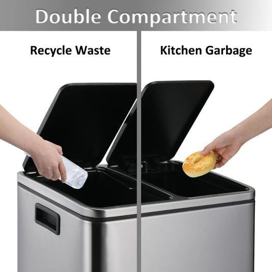 Large Dual Compartment Kitchen Trash Can – Stainless Steel Pedal Recycling Bin – 60L/15.8 Gallon Capacity Garbage Can with Soft-Close Lid and Removable Inner Buckets