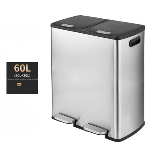 Large Dual Compartment Kitchen Trash Can – Stainless Steel Pedal Recycling Bin – 60L/15.8 Gallon Capacity Garbage Can with Soft-Close Lid and Removable Inner Buckets