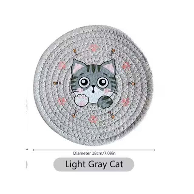 Printed Cat Design Heat-Resistant Pads – Round Table & Cup Mats for Home & Kitchen Use