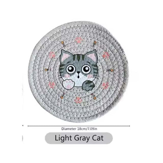Printed Cat Design Heat-Resistant Pads – Round Table & Cup Mats for Home & Kitchen Use
