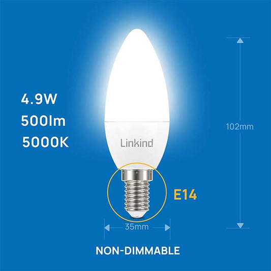 Linkind E14 LED Candle Light Bulbs 4.9W (40W Equivalent) – 5000K Cool White, 500 Lumen, CE/RoHS/ErP Certified, Non-Dimmable Pack of 6
