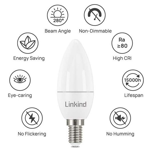 Linkind E14 LED Candle Light Bulbs 4.9W (40W Equivalent) – 5000K Cool White, 500 Lumen, CE/RoHS/ErP Certified, Non-Dimmable Pack of 6