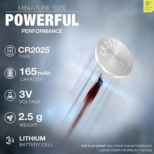 5Plus 5 PCS CR2025/DL2025 3V Lithium Coin Cell Battery – Ideal for Keyfobs, Scales, Toys, LED Lights, Wearables, Medical Devices &amp; Car Keys