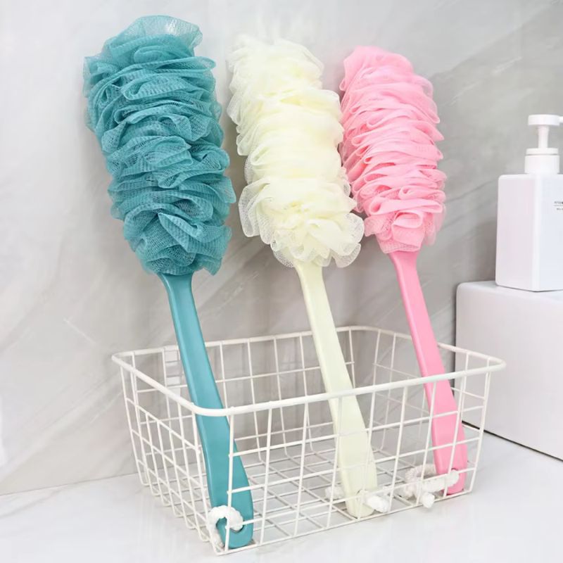 Long-Handle Mesh Back Scrubber – Soft Hanging Shower Sponge Brush – Ergonomic Body Scrubber for Adults – Deep Cleaning Bath Accessory (Green/Pink/White)