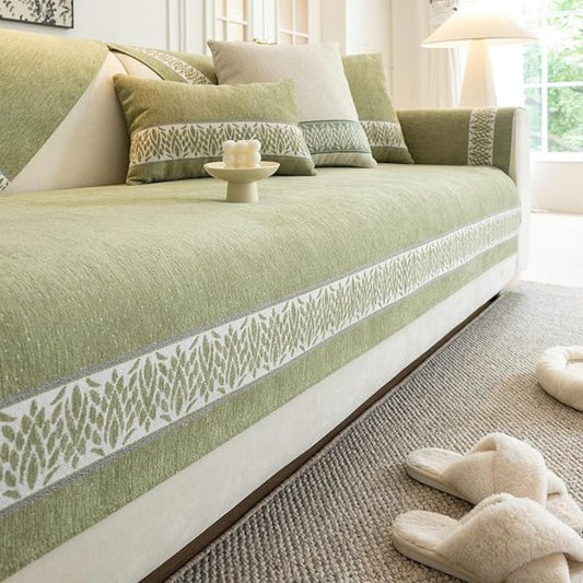 Luxury Anti-Slip Chenille Couch Cover – 1-Piece Sectional Sofa Slipcover – Washable Furniture Protector for All Seasons – Elegant Printing-Green Design for Standard Sofas, Armchairs, and Chaise Lounges