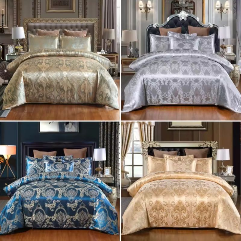 Luxury Floral Jacquard Satin Duvet Cover Set – 3-Piece Silk-Like Bedding Set with Matching Pillowcases – Elegant Breathable Comforter Cover for Master Suite – Available in 4 Royal Colors and 4 Sizes