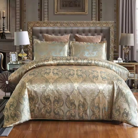 Luxury Floral Jacquard Satin Duvet Cover Set – 3-Piece Silk-Like Bedding Set with Matching Pillowcases – Elegant Breathable Comforter Cover for Master Suite – Available in 4 Royal Colors and 4 Sizes