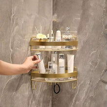 2 pcs/set Luxury Gold Corner Bathroom Storage Rack – Non-Punching Wall-Mounted Tripod Shelf – Heavy-Duty Shampoo & Shower Gel Organizer – Drill-Free Floating Bathroom Accessories (Gold / Black)