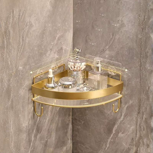 Luxury Gold Corner Bathroom Storage Rack – Non-Punching Wall-Mounted Tripod Shelf – Heavy-Duty Shampoo & Shower Gel Organizer – Drill-Free Floating Bathroom Accessories (Gold / Black)