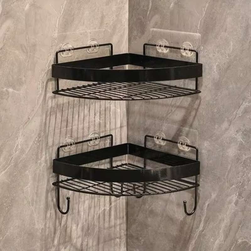 2 pcs/set Luxury Gold Corner Bathroom Storage Rack – Non-Punching Wall-Mounted Tripod Shelf – Heavy-Duty Shampoo & Shower Gel Organizer – Drill-Free Floating Bathroom Accessories (Gold / Black)