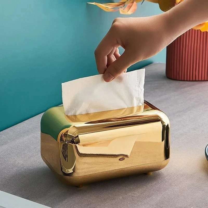 Luxury Golden Tissue Box Cover – Elegant Metallic Napkin Holder & Paper Case Organizer – Decorative Desktop Ornament for Living Room, Bedroom, & Vanity – High-End Kitchen & Office Tissue Storage Box