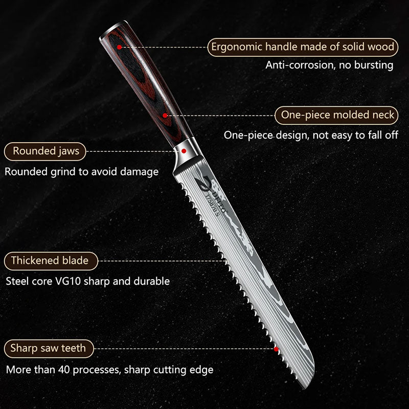 MDHAND Couteau à Pain Cranté – Lame en Acier Inoxydable 7CR17 Laser Damas de 8 Pouces – Couteau de Chef Professionnel pour le Pain avec Coffret Cadeau de Luxe