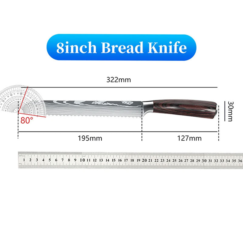 MDHAND Couteau à Pain Cranté – Lame en Acier Inoxydable 7CR17 Laser Damas de 8 Pouces – Couteau de Chef Professionnel pour le Pain avec Coffret Cadeau de Luxe