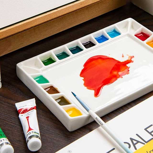 MEEDEN 18-Well Porcelain Artist Paint Palette: Mixing Art Ceramic Watercolor Palette for Watercolor, Gouache, Acrylic, and Oil Painting, Rectangle 8 x 5-1/2 Inch