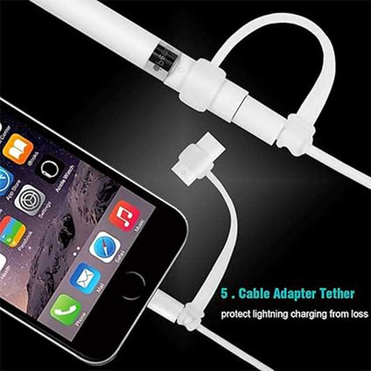 [5-Piece] MEKO Accessories for Apple Pencil - Cap Holder/Nib Cover/Lightning Cable Adapter Tether/2 in 1 Fiber Cap as Stylus/Soft