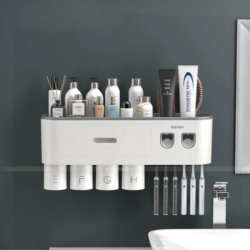 Support de Brosses à Dents Magnétique Inversé et Distributeur Automatique de Dentifrice MENGNI – Support Mural Anti-Poussière – Organisateur de Salle de Bain Familial avec Ventouses Magnétiques (Capacité 1/2/3/4 Tasses)