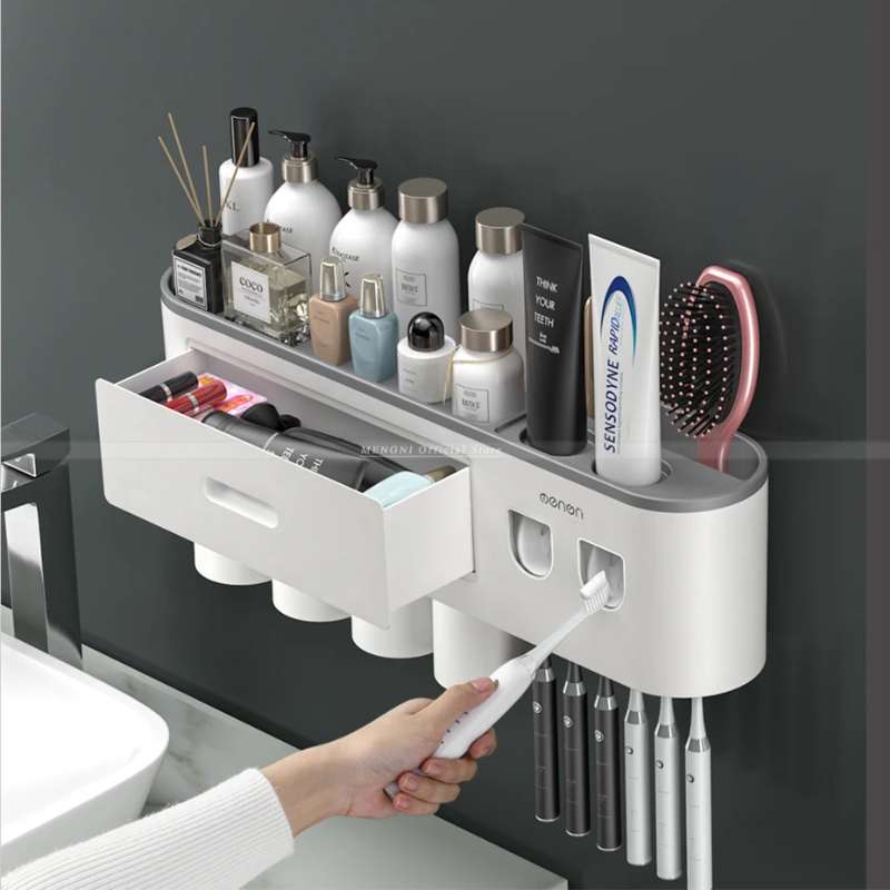 Support de Brosses à Dents Magnétique Inversé et Distributeur Automatique de Dentifrice MENGNI – Support Mural Anti-Poussière – Organisateur de Salle de Bain Familial avec Ventouses Magnétiques (Capacité 1/2/3/4 Tasses)