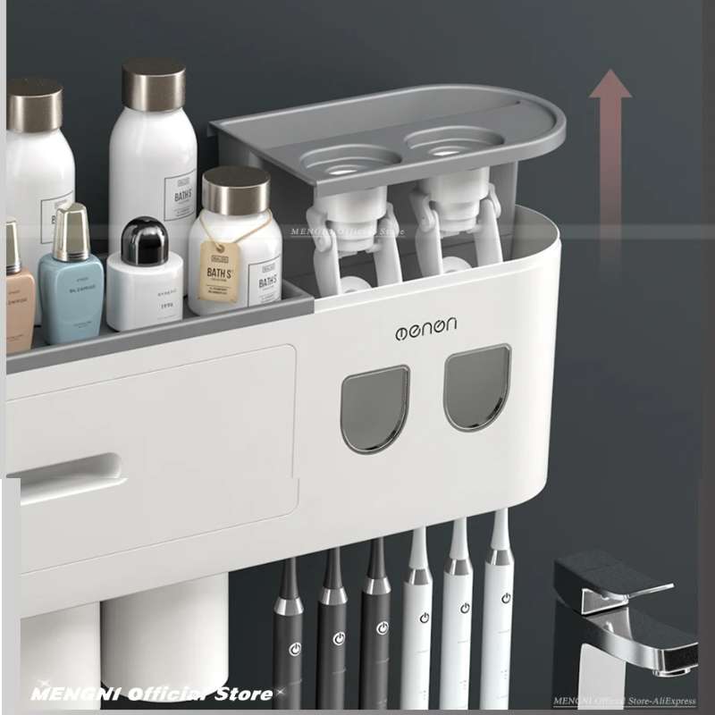 Support de Brosses à Dents Magnétique Inversé et Distributeur Automatique de Dentifrice MENGNI – Support Mural Anti-Poussière – Organisateur de Salle de Bain Familial avec Ventouses Magnétiques (Capacité 1/2/3/4 Tasses)