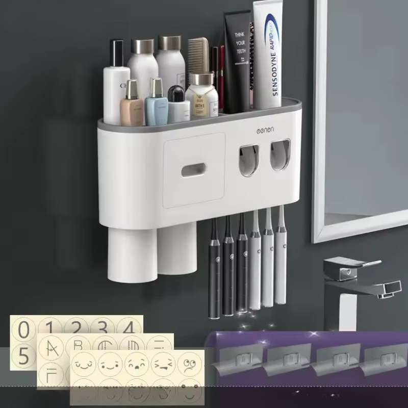 Support de Brosses à Dents Magnétique Inversé et Distributeur Automatique de Dentifrice MENGNI – Support Mural Anti-Poussière – Organisateur de Salle de Bain Familial avec Ventouses Magnétiques (Capacité 1/2/3/4 Tasses)