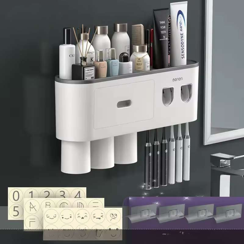 Support de Brosses à Dents Magnétique Inversé et Distributeur Automatique de Dentifrice MENGNI – Support Mural Anti-Poussière – Organisateur de Salle de Bain Familial avec Ventouses Magnétiques (Capacité 1/2/3/4 Tasses)