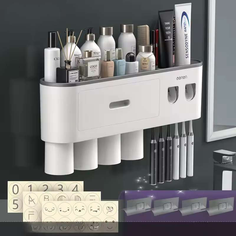 Support de Brosses à Dents Magnétique Inversé et Distributeur Automatique de Dentifrice MENGNI – Support Mural Anti-Poussière – Organisateur de Salle de Bain Familial avec Ventouses Magnétiques (Capacité 1/2/3/4 Tasses)