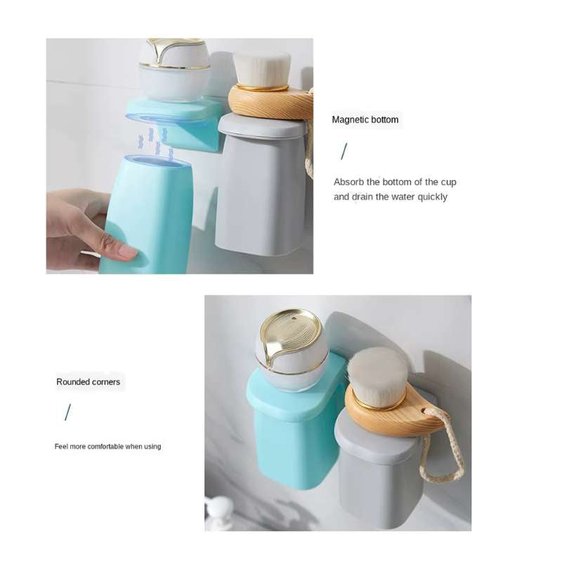 Magnetic Suction Mouthwash Cup & Wall-Mounted Toothbrush Holder – Inverted Quick-Drain Storage Rack – Anti-Dust Magnetic Toothbrush Organizer for Family Bathroom – Drill-Free Brushing Accessory (White / Gray / Green / Blue)