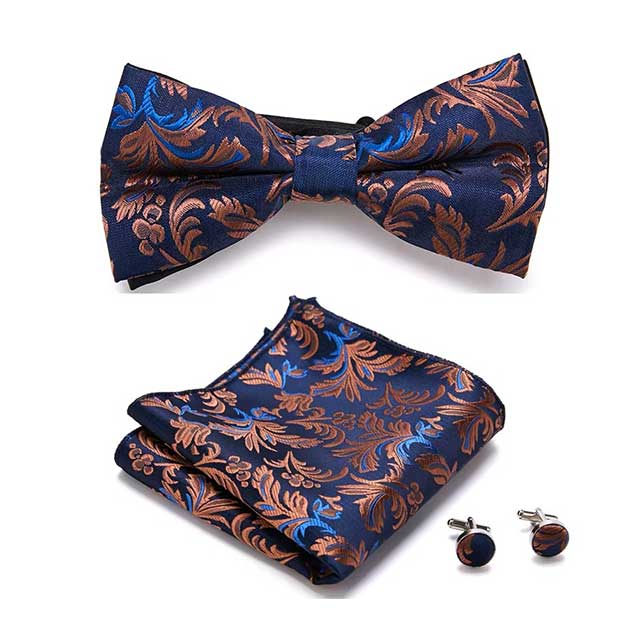 HUISHI Men's Classic Bow Tie Set – Blue Paisley Floral Bowtie with Pocket Square & Cufflinks | Wedding Party Suit Accessory